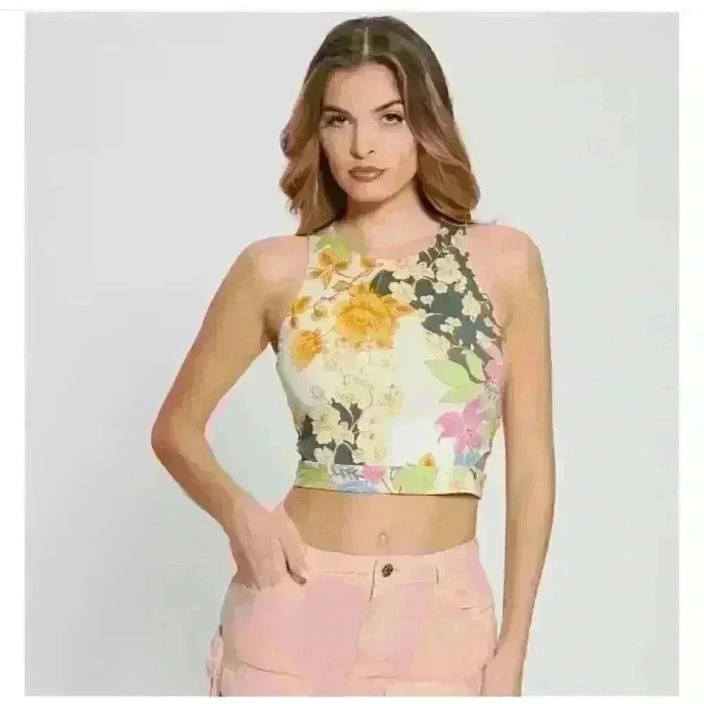 Women's Cropped Hawaiian Print Guess Tank Top, “Eco Shayna Cutout Crop Top”, Siz - Picture 2 of 11